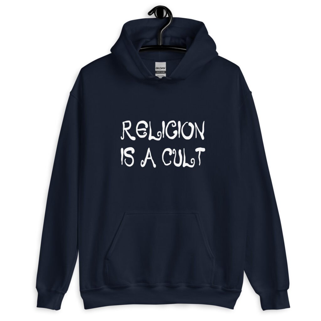 Navy blue hoodie sweatshirt with the text 'Religion is a cult' printed on the front.