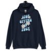 Navy blue hoodie sweatshirt with a retro daisy and star design and the text 'Stop giving a fuck' printed on the front.