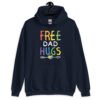 Navy blue hoodie sweatshirt with the text 'Free Dad hugs' printed on the front in rainbow letters.