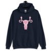 Navy blue hoodie sweatshirt with image of a pink uterus flipping middle finger graphic printed on the front.