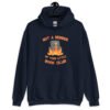 Navy blue hoodie sweatshirt with image of a burning bible and the text 'Not a member of your little book club' printed on the front.