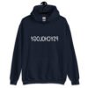 Navy blue hoodie sweatshirt with the word Psychology printed in reverse on the front.