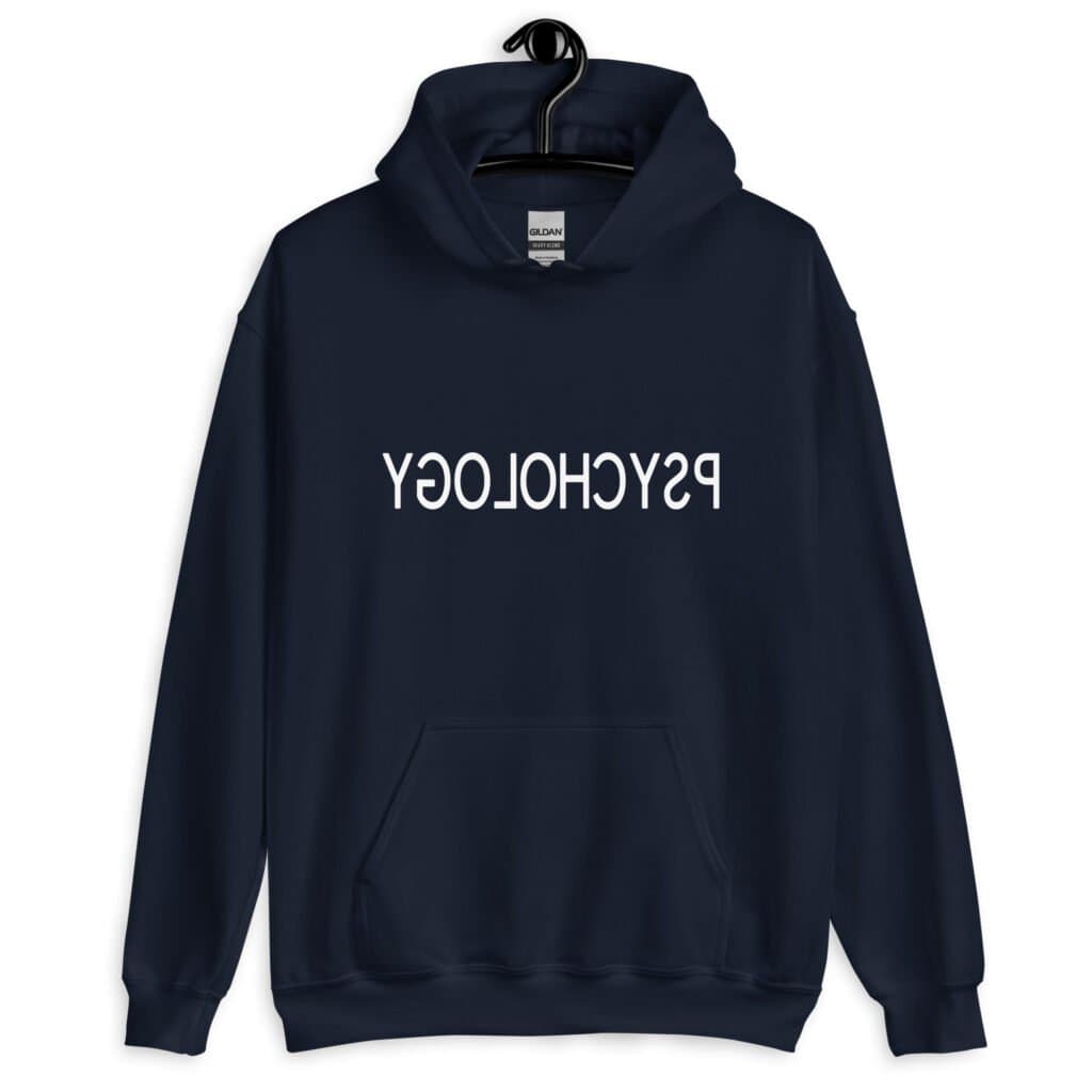 Navy blue hoodie sweatshirt with the word Psychology printed in reverse on the front.