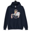 Navy blue hoodie sweatshirt that has a graphic of an angry looking retro woman holding a knife and a sign. The sign says 'Tell me to calm down. I dare you.' The graphic is printed on the front of the hoodie.