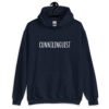 Navy blue hoodie sweatshirt with the word 'Cunnilinguist' printed on the front.