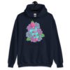 Navy blue hoodie sweatshirt with graphic design that has the words 'Good vibes only' layered over a pink wand vibrator with flowers around. The graphic design is printed on the front of the hoodie.
