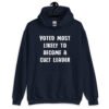 Navy blue hoodie sweatshirt with the text 'Voted most likely to become a cult leader' printed on the front.
