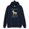 Navy blue hoodie sweatshirt with an image of a colorful donkey pinata with the words 'Worst part is I kind of like getting beat' printed on the front.