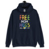 Navy blue hoodie sweatshirt with the text 'Free Mom hugs' in rainbow lettering printed on the front.