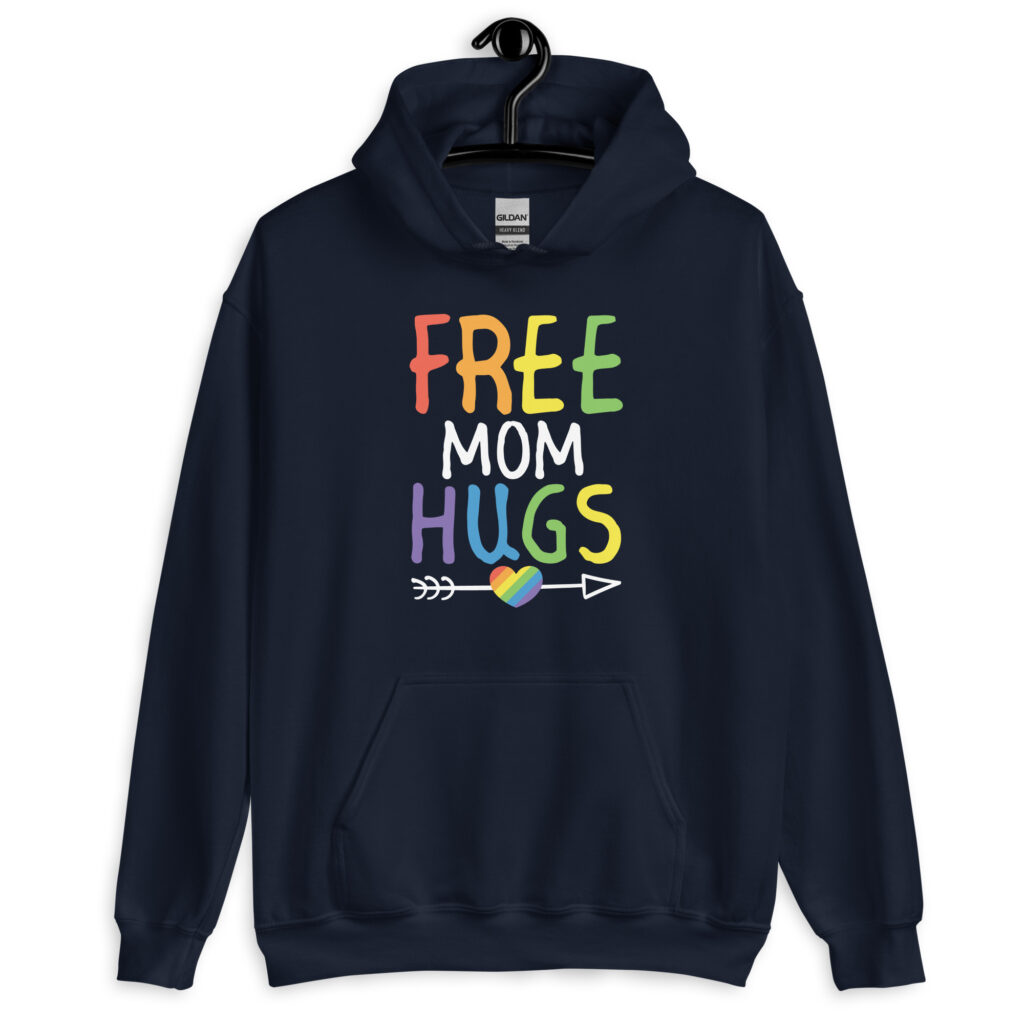 Navy blue hoodie sweatshirt with the text 'Free Mom hugs' in rainbow lettering printed on the front.