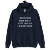 Navy blue hoodie sweatshirt with the text 'I thought I had social anxiety but it turns out I just hate people' printed on the front.