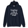 Navy blue hoodie sweatshirt with the text 'Everything's a dildo if you're brave enough' printed on the front.