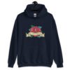 Navy blue hoodie sweatshirt with funny image of an old school rose flash tattoo with the words 'No ragrets' intentionally misspelled.