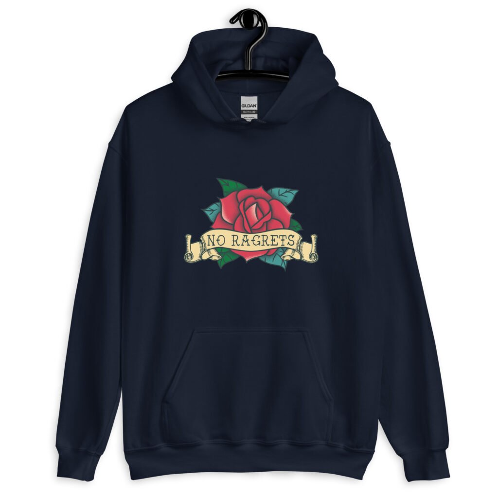 Navy blue hoodie sweatshirt with funny image of an old school rose flash tattoo with the words 'No ragrets' intentionally misspelled.