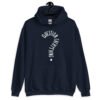 Navy blue hoodie sweatshirt with the text 'Question everything' printed on the front. The words are in the shape of a question mark.