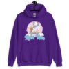 Purple hoodie sweatshirt with funny pastel rainbow unicorn graphics and the words Alpha Male printed on the front.
