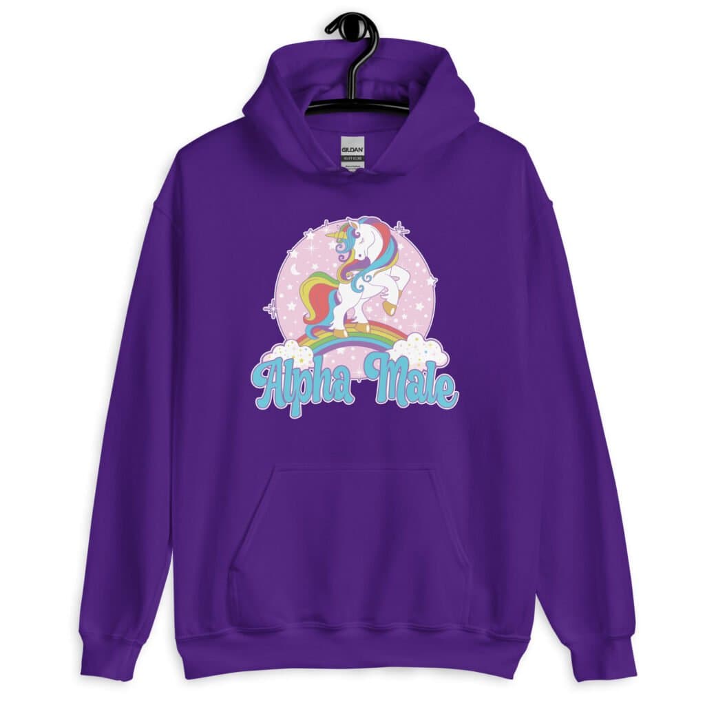 Purple hoodie sweatshirt with funny pastel rainbow unicorn graphics and the words Alpha Male printed on the front.