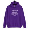 Purple hoodie sweatshirt with the text 'Ask me about my tiny penis' printed on the front. The word tiny is much smaller than the rest of the text.
