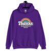 Purple hoodie sweatshirt with an image of a rainbow and the words 'Thanks for the childhood trauma' printed on the front. The word Thanks is large and the rest of the words are smaller under.