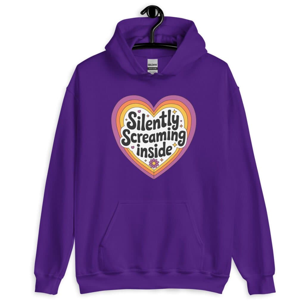 Purple hoodie sweatshirt with a colorful graphic that says 'Silently screaming inside'. The graphics are printed on the front.