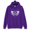 Purple hoodie sweatshirt with a heart and skeleton hands making a heart shape printed on the front. The words 'Cancel Me' are inside of the heart.