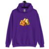 Purple hoodie sweatshirt with an image of tater tots and two pears printed on the front.