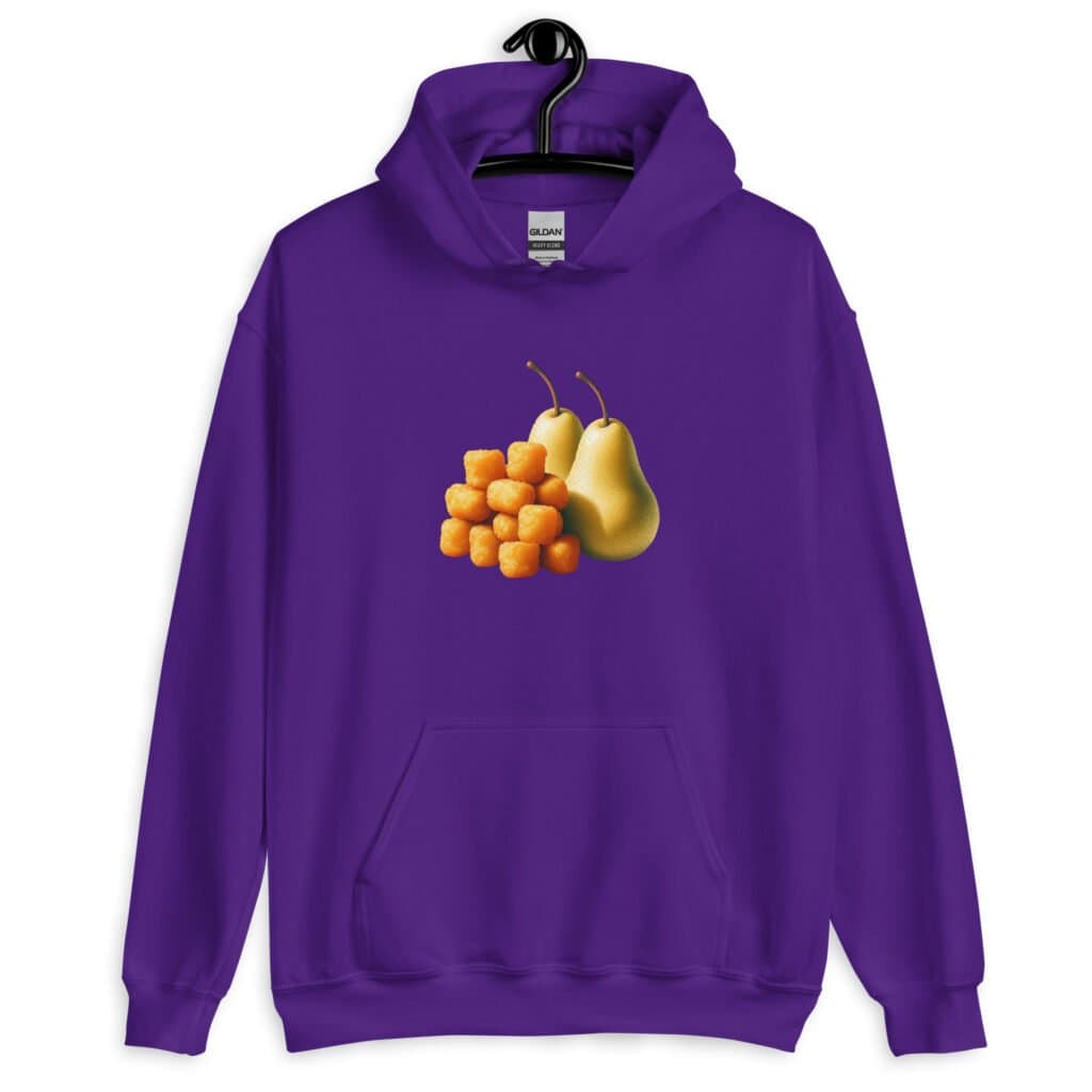 Purple hoodie sweatshirt with an image of tater tots and two pears printed on the front.