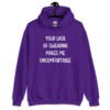 Purple hoodie sweatshirt with the text 'Your lack of swearing makes me uncomfortable' printed on the front.