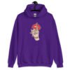 Purple hoodie sweatshirt with an image of a hand over lips making the shh gesture. The words 'Shut the fuck up' are printed on the hand. The graphics are printed on the front.