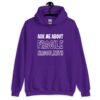 Purple hoodie sweatshirt with the text 'Ask me about fragile masculinity' printed on the front.