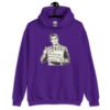 Purple hoodie sweatshirt with graphic of a retro man holding sign that says 'Ladies, mansplaining is short for man explaining' printed on the front.