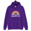 Purple hoodie sweatshirt with a graphic of a rainbow and the words 'Spread negativity' printed on the front.