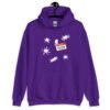 Purple hoodie sweatshirt with Eileen name tag and white splatters printed on the front.