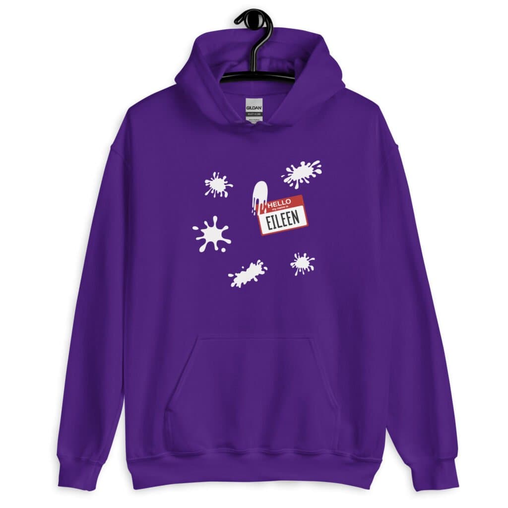 Purple hoodie sweatshirt with Eileen name tag and white splatters printed on the front.