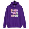Purple hoodie sweatshirt with colorful pastel font 'Fuck this shit' graphics printed on the front.
