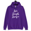 Purple hoodie sweatshirt with the parody phrase 'Live, Laugh, Lucifer' printed on the front.
