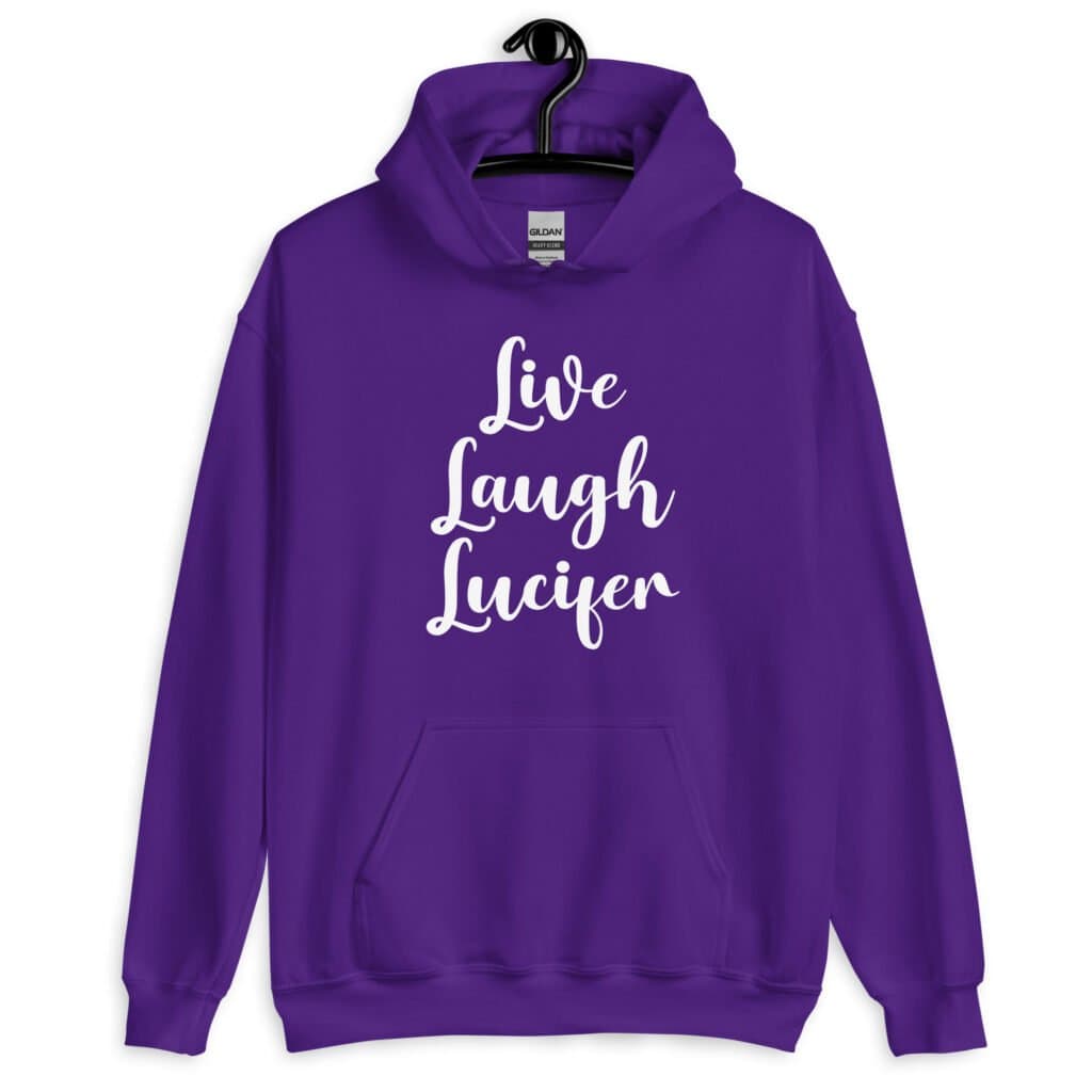 Purple hoodie sweatshirt with the parody phrase 'Live, Laugh, Lucifer' printed on the front.