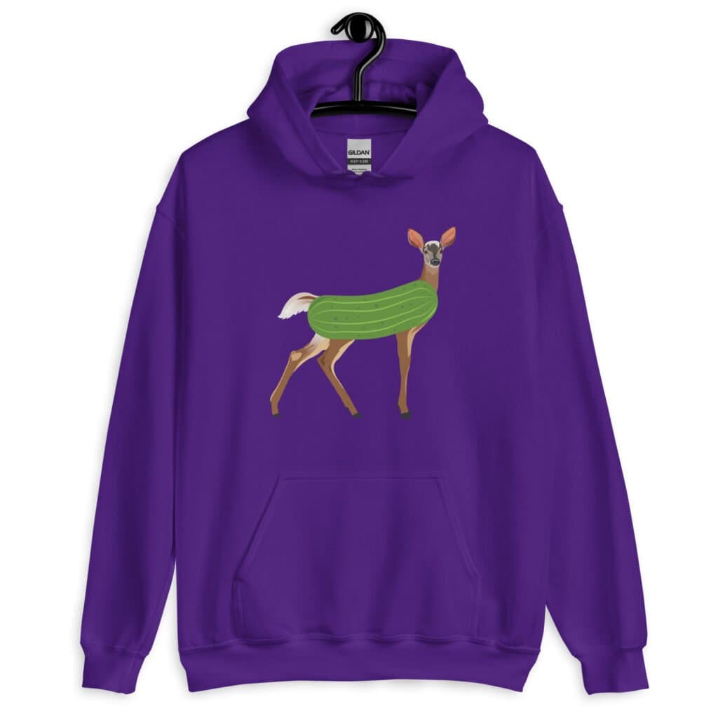 Purple hoodie sweatshirt with funny image of a doe deer with a dill pickle body printed on the front.