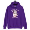 Purple hoodie sweatshirt that says 'I think about murder' with image of cute fluffy kitten sitting in a teacup printed on the front.
