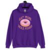 Purple hoodie sweatshirt with an image of a donut with pink icing and sprinkles and the text 'Eat more hole foods' printed on the front.