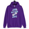 Purple hoodie sweatshirt with a retro daisy and star design and the text 'Stop giving a fuck' printed on the front.
