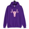 Purple hoodie sweatshirt with image of a pink uterus flipping middle finger graphic printed on the front.