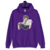 Purple hoodie sweatshirt that has a graphic of an angry looking retro woman holding a knife and a sign. The sign says 'Tell me to calm down. I dare you.' The graphic is printed on the front of the hoodie.