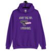 Purple hoodie sweatshirt that has an image of a strap-on dildo and the words 'Just the tip. I promise.' printed on the front.