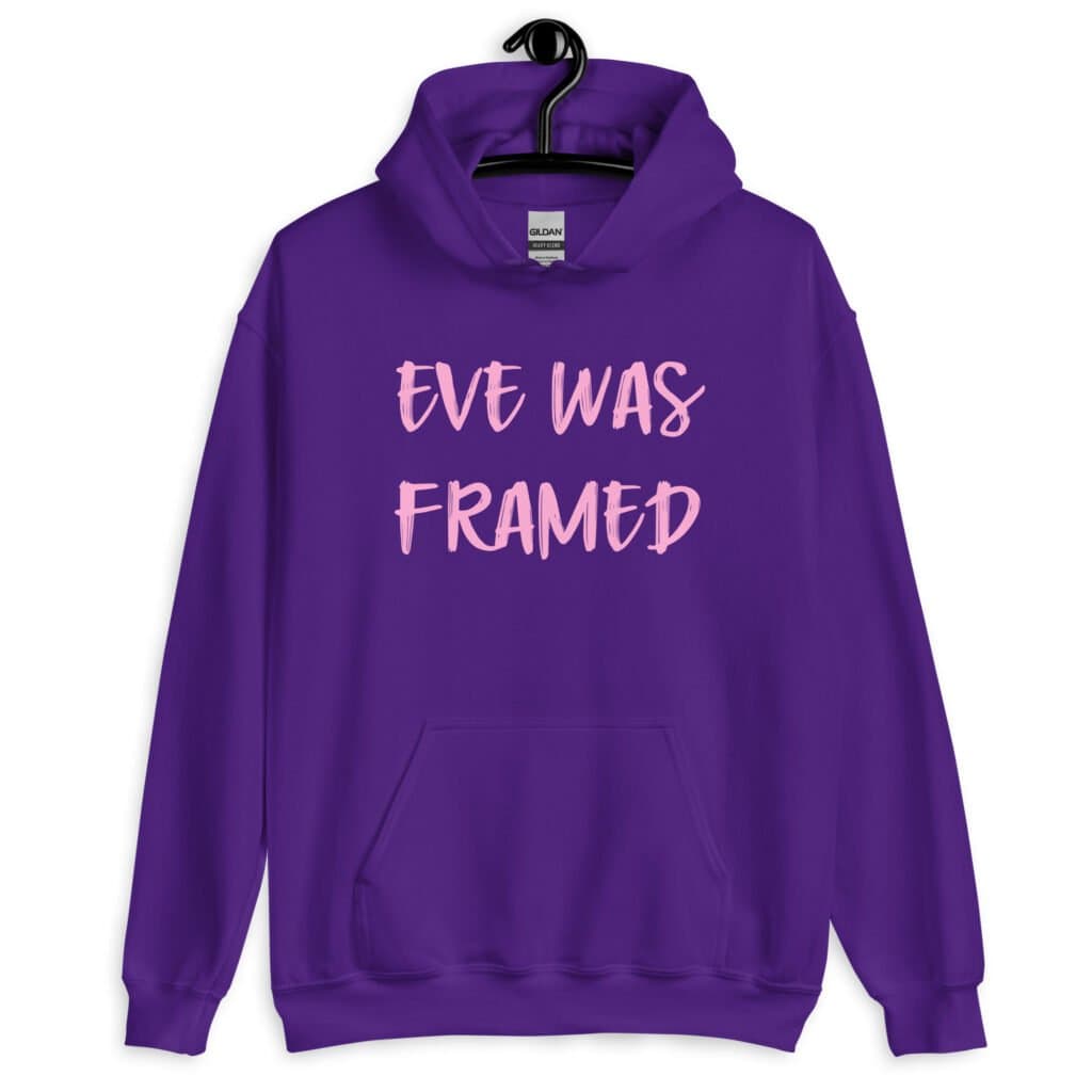 Purple hoodie sweatshirt with the text 'Eve was framed' printed on the front in pink.