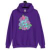 Purple hoodie sweatshirt with graphic design that has the words 'Good vibes only' layered over a pink wand vibrator with flowers around. The graphic design is printed on the front of the hoodie.