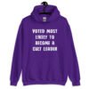 Purple hoodie sweatshirt with the text 'Voted most likely to become a cult leader' printed on the front.