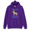 Purple hoodie sweatshirt with an image of a colorful donkey pinata with the words 'Worst part is I kind of like getting beat' printed on the front.