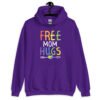 Purple hoodie sweatshirt with the text 'Free Mom hugs' in rainbow lettering printed on the front.