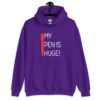 Purple hoodie sweatshirt with an image of a big red pen and the words 'My pen is huge' printed on the front. The words Pen and is are close together so that at first glance it appears that it says penis instead of pen is.
